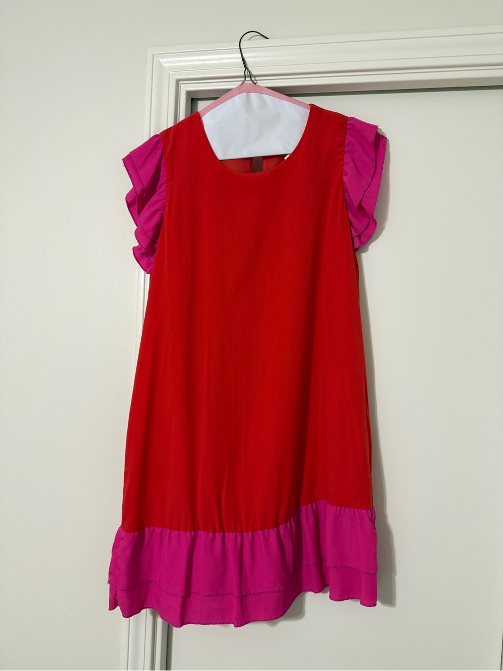 crosby. Red Dress with Pink Ruffle Details